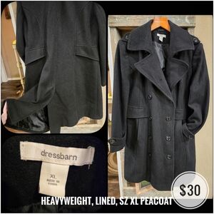 Dressbarn Charcoal Double-Breasted Peacoat, Heavyweight SZ XL